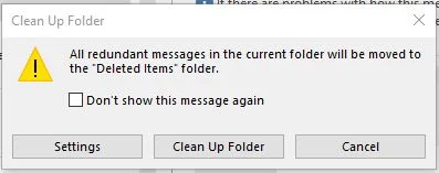 Clean up pop up in outlook