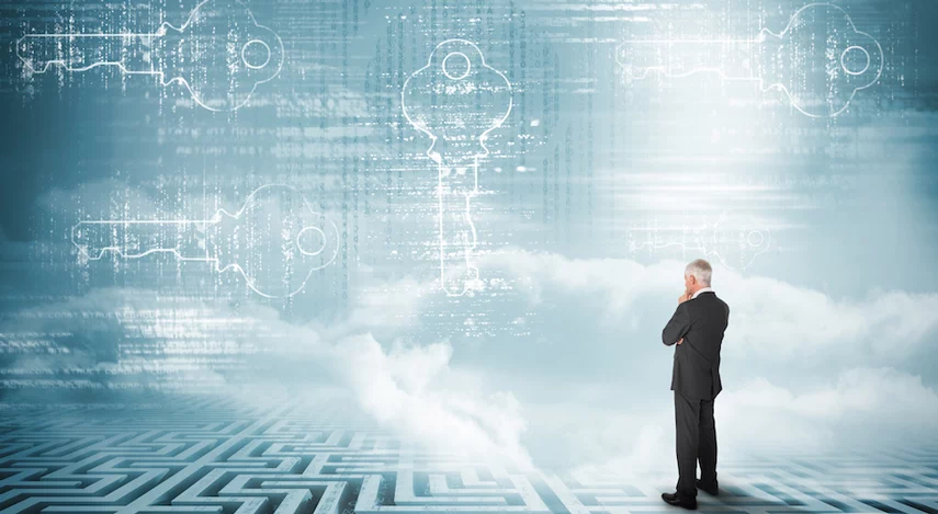 A man stands on a strange surface and thinks. clouds around him