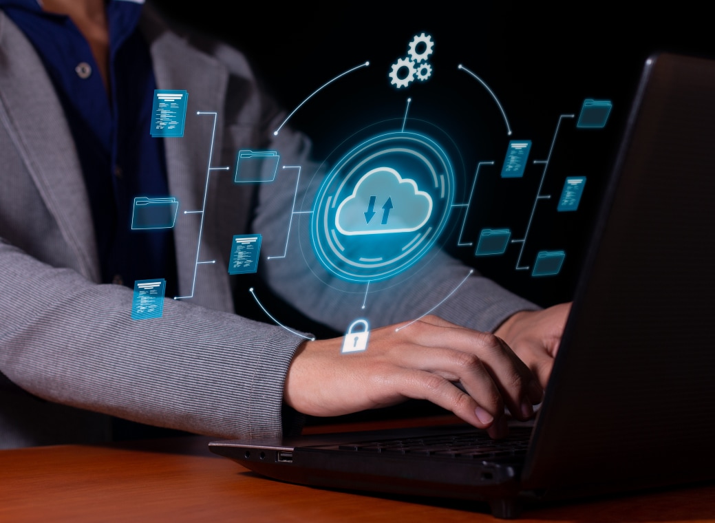 Man working on laptop and folder structure diagram ilustration.