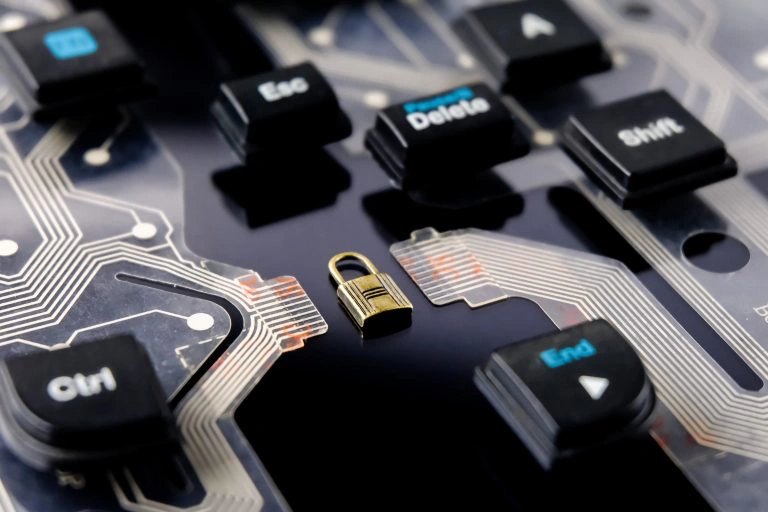 Padlock over motherboard and keycaps around, ilustration image.