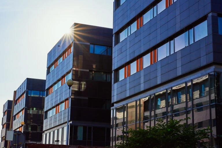 Modern office building with green trees